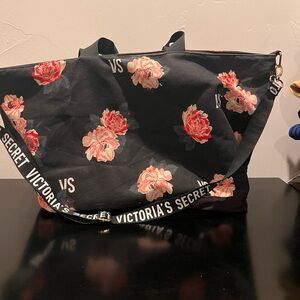 Victoria's Secret Black Tote with Pink Floral Design